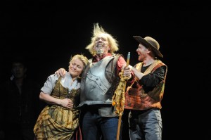 Man of La Mancha: Lucy Schaufer (Aldonza), Robert Orth (Don Quixote/Cervantes), Keith Jameson (Sancho Panza). Photo by Kira Horvath.