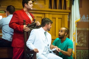 The Prodigal Son: Sheldon Miller (Organist), Bille Bruley (Tempter), Matt Moeller (Father), Michael Kuhn (Younger Son). Photo by Kira Horvath.