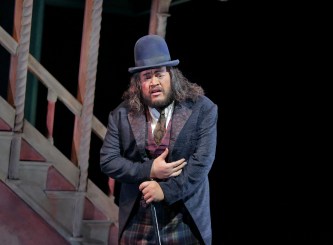 Quinn Kelsey (Rigoletto) in 'Rigoletto.' Photo (c) Ken Howard for The Santa Fe Opera
