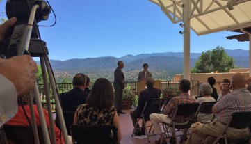 Librettist ark Campbell (left) and composer Mason Bates (right) at the Santa Fe Opera press conference announcing the premiere of Bates's 
