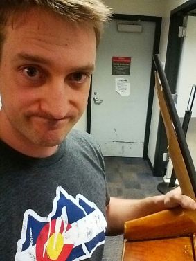 Bassist Karl Fenner and his damaged string bass